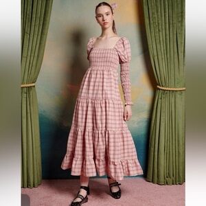 NWT Sister Jane Pink Plaid Smocked Tiered Long sleeve Dress Sz Small
